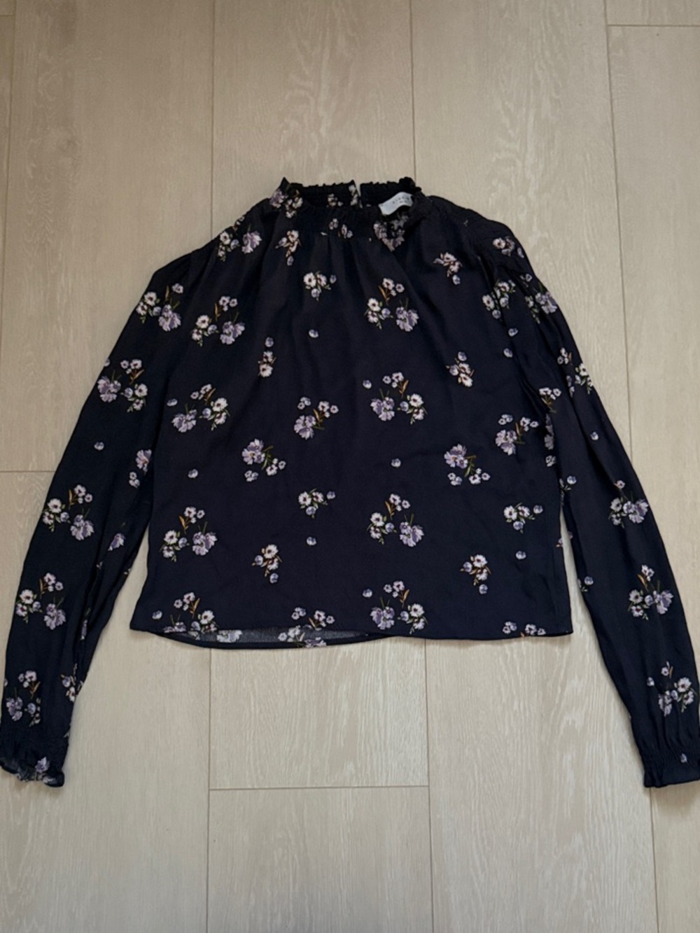 Elodie Black Floral Smocked-Neck Long Sleeve Top